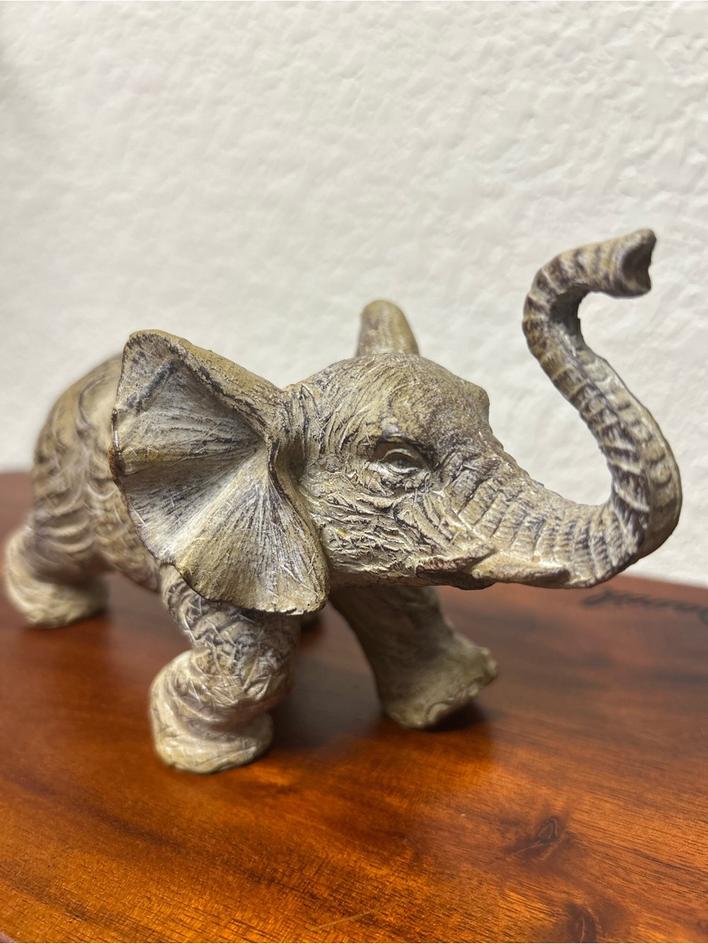 Decorative Elephant Sculpture in Antique Gray-Brown. Trunk up - positive energy